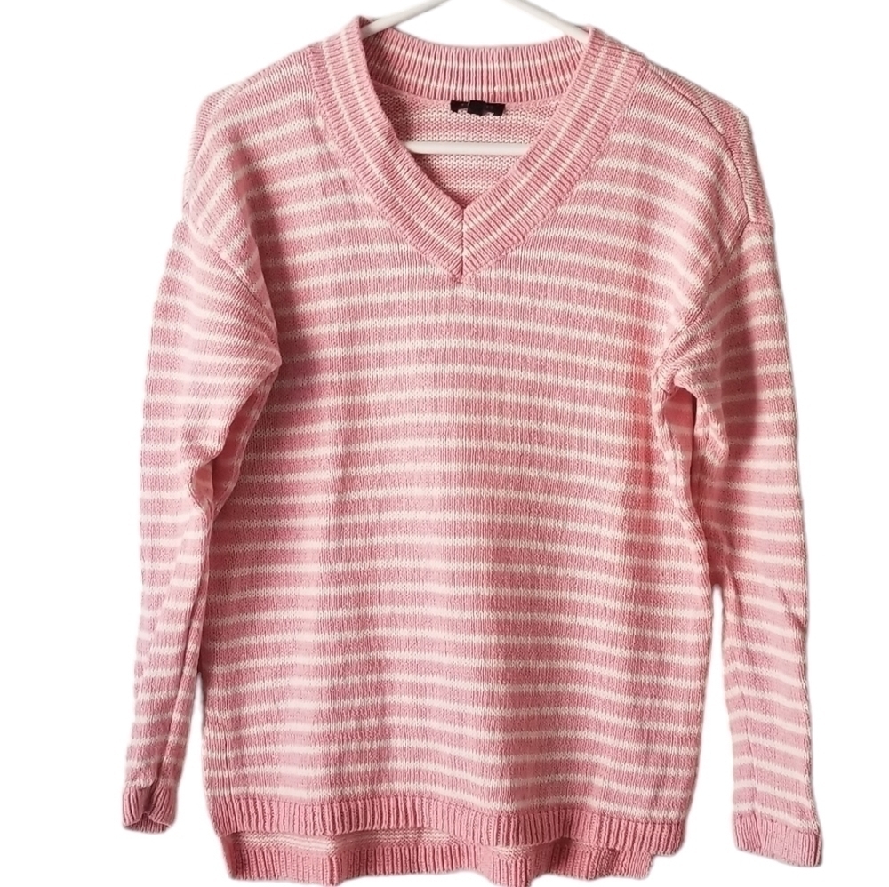 Talbots Pink/White Striped Linen Blend V Neck Knit Sweater Size SP